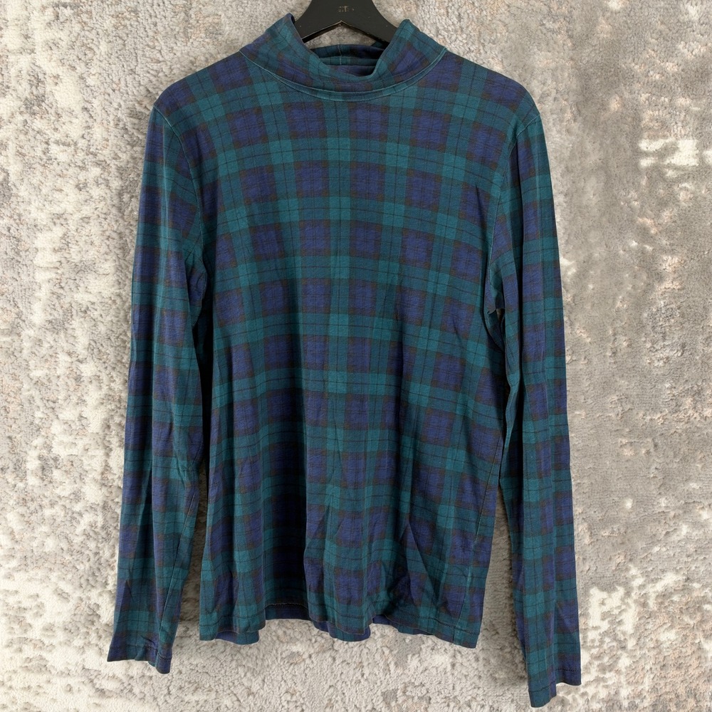 J.Crew Size L Plaid Mock Neck Long Sleeve Top Green Blue Long Sleeve Women